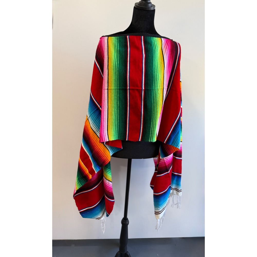 Mexican Serape Poncho Rainbow Stripe V-Neck Fringe Authentic Multi-Color Red